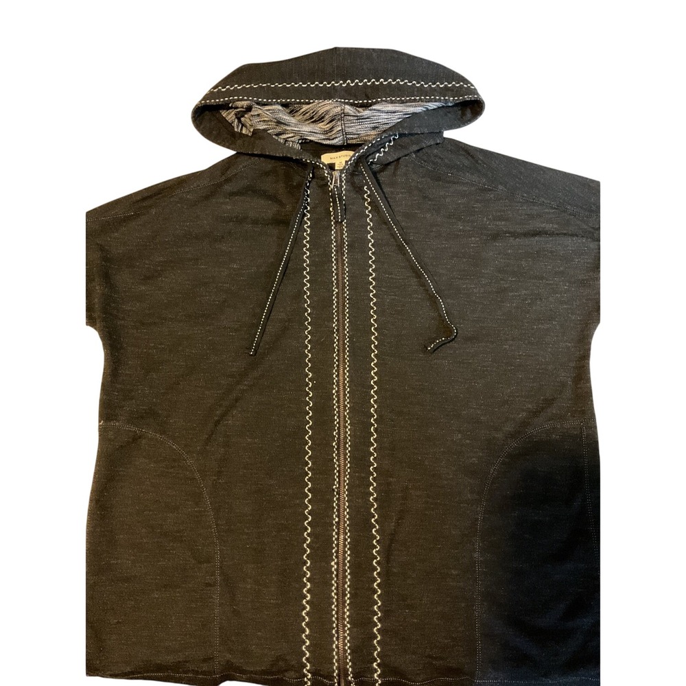 Max Studio Black Zipper Front Hoodie Women's Size M Stitching Striped Lined Hood